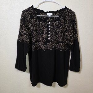 J.Jill‎ Embroidered Floral Blouse Top Black Beige 3/4 Sleeve Size Small
